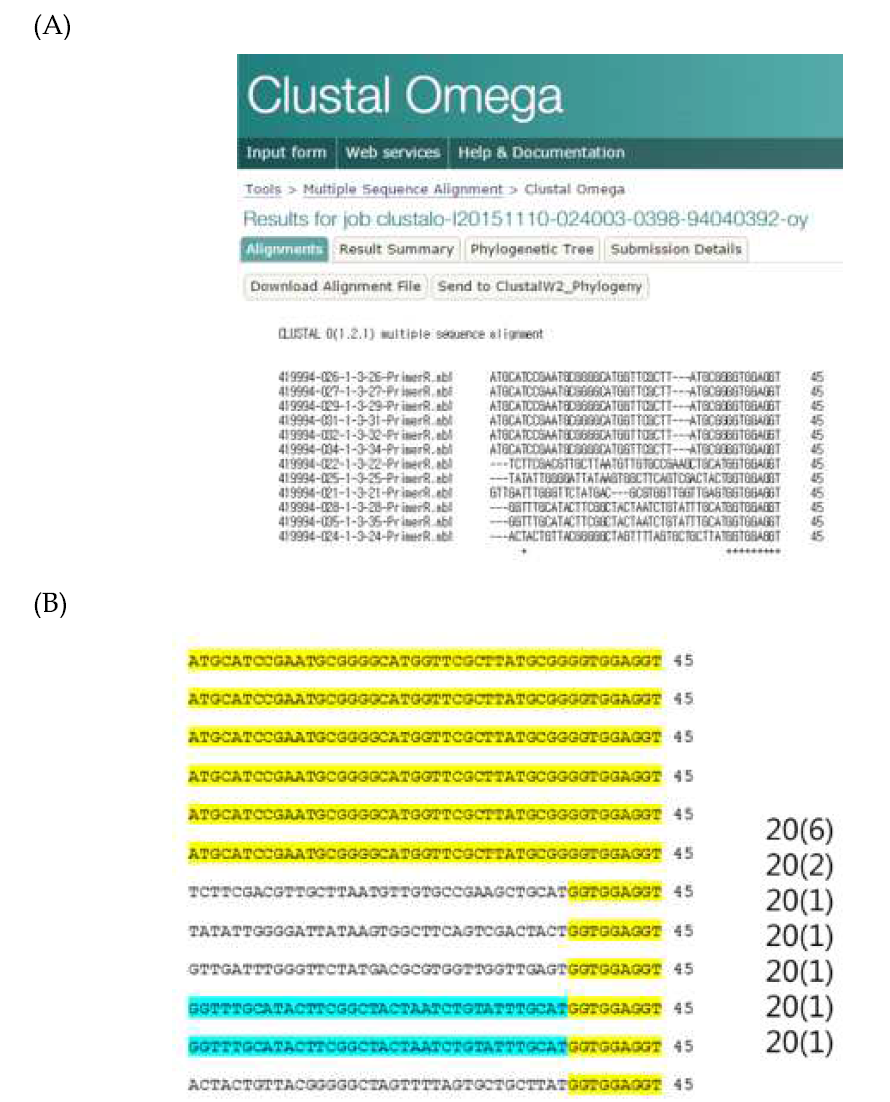 Salmonella enteritidis에 대한 3 panning의 phage single DNA 서열 분석; (A) sequences multi-alignment, (B)major sequences와 sequence 공통 빈도수