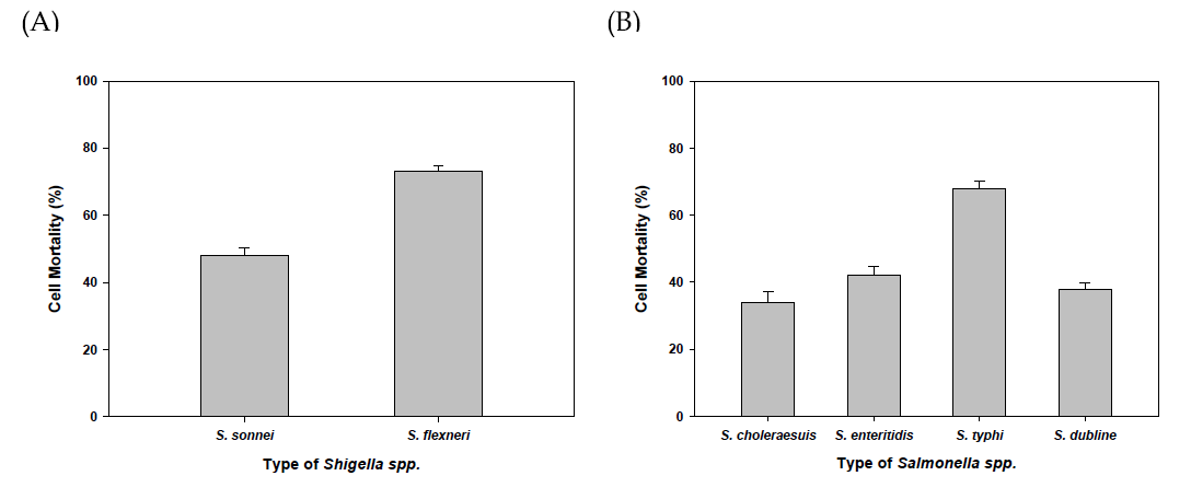 (A) Shigella spp.와 (B) Salmonella spp. 에 대한 리소좀 항균활성