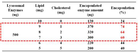 리포좀을 제조 후 지질과 콜레스테롤의 비율에 따른 캡슐화 효율