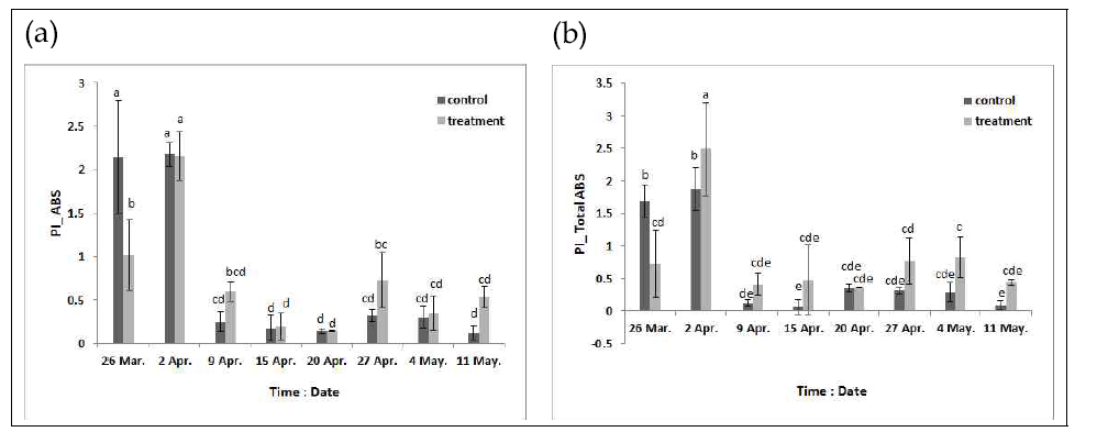 The comparison of performance index for different growth stages in red pepper (a:PIABS, b:PITOTAL ABS). Same superscript letters in the same line are not different, statistically (Duncan’s multiple range test, p < 0.05).