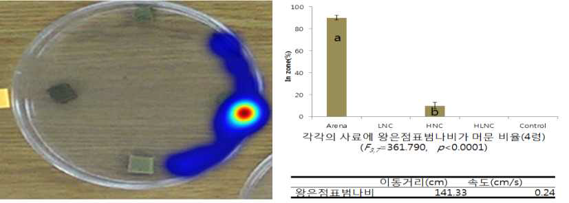 왕은점표범나비 4령 유충 선호성 비교(왼쪽: Heatmap분석, 오른쪽: 행동)