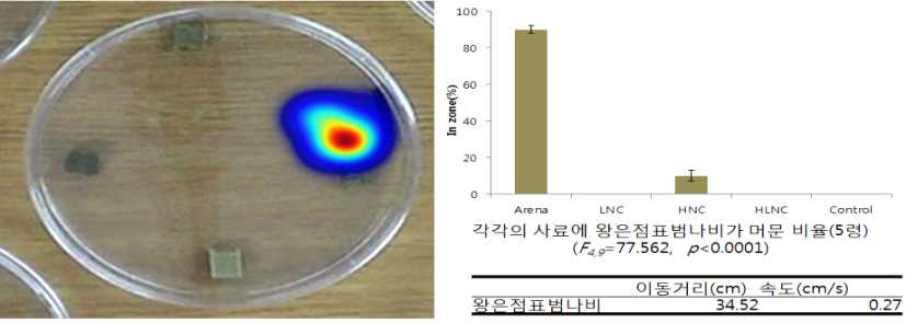 왕은점표범나비 5령 유충 선호성 비교(왼쪽: Heatmap분석, 오른쪽: 행동)