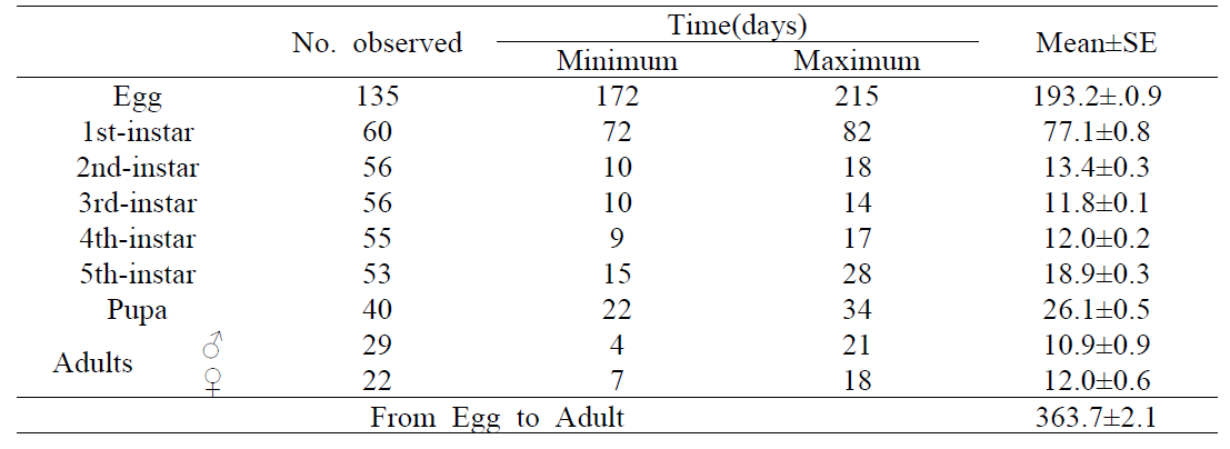 Egg, larval, pupa and adult duration in days of P . bremeri