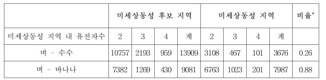 벼-수수, 벼-바나나 간 미세상동성 분석 결과