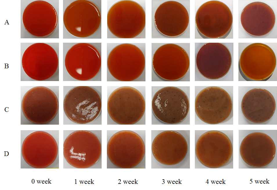 Appearances of strawberry juice and puree by heat treatment during storage for 5 weeks at 25℃. A: control strawberry juice, B: treatment strawberry juice, C: control strawberry puree, D: treatment strawberry puree