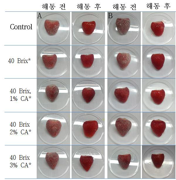 Appearances of strawberry based on treatment* prior to freezing and thawing method.