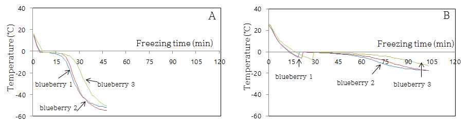 Freezing temperature curve of blueberries based on freezing method.