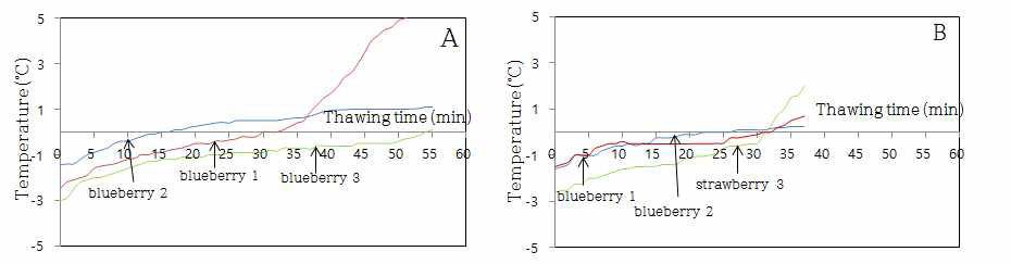 Thawing temperature curve of blueberries based on thawing at refrigeration temperature (4℃).