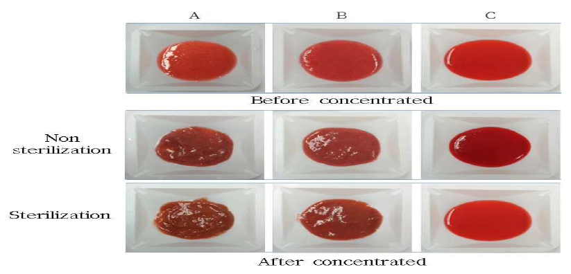 Appearances of concentrated strawberry puree based on treatment prior to concentrating and sterilization.