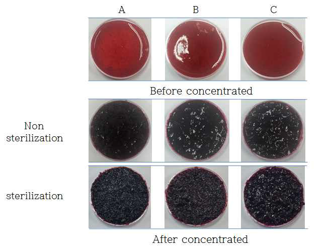Appearances of blueberry juice based on treatment prior to concentrating.