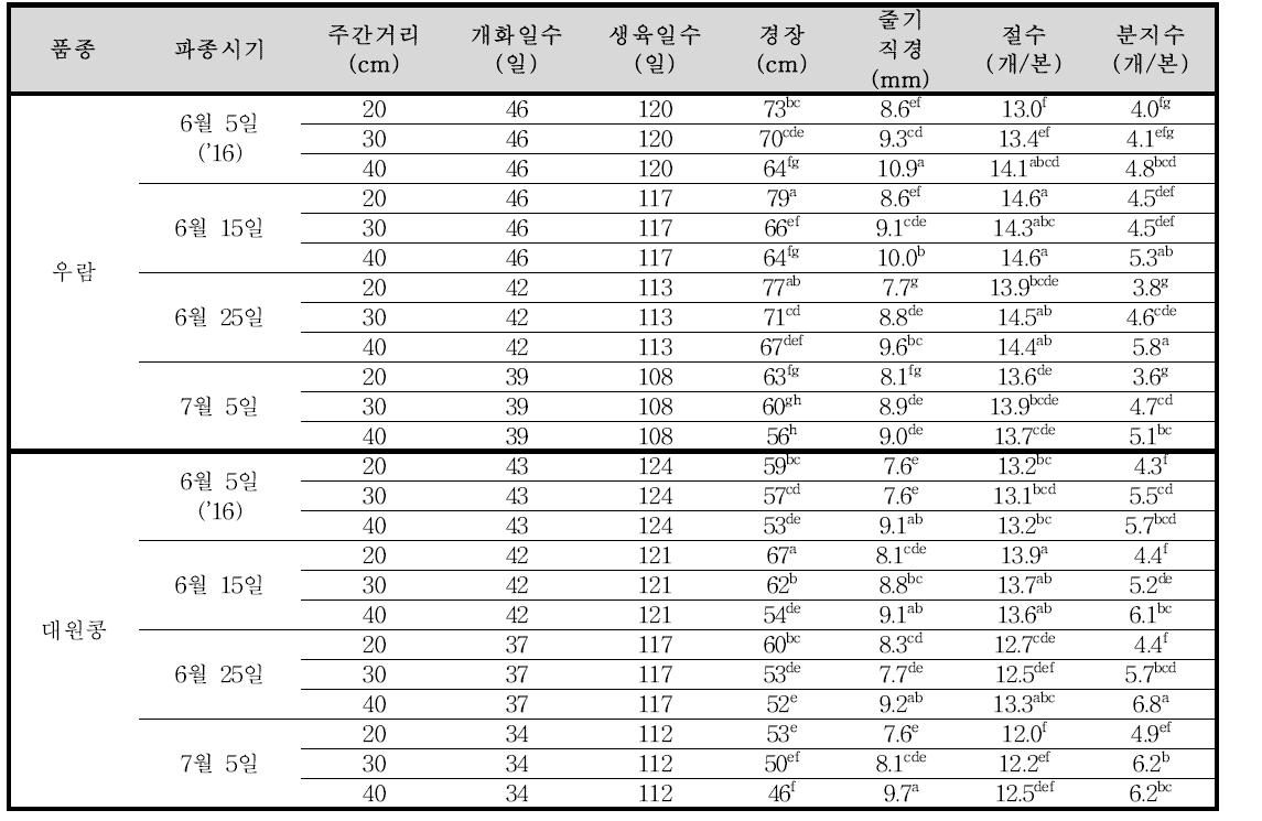 파종기 및 재식거리 별 콩 생육 특성