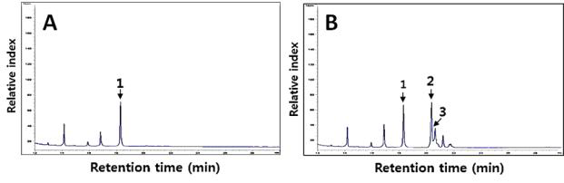 GC chromatograms of linoleic acid and conjugated linoleic acid isomers in the UFSPM (A) and FSPM (B) of soy-powder with Lactobacillus plantarum P1201.