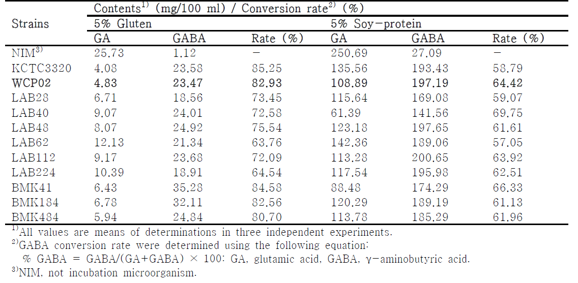 Conversion rate of lactic acid bacteria isolated under gluten and soy-protein substrates