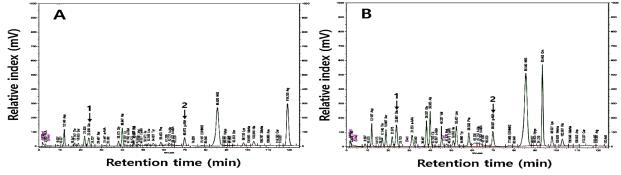 AAA chromatogram of glutamic acid and GABA in the SPM and SPY with Lac. plantarum P1201 and Lac. brevis WCP02 by treatment of 5% kiwi juice.