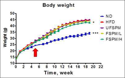 The body weight changes of each group during the experimental period.
