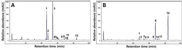 HPLC chromatograms of six isoflavone derivatives in the UFSPM (A) and FSPM(B) of soy-powder with Lactobacillus plantarum P1201.