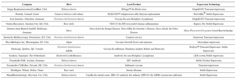 분자농업을 통해 의약용 단백질을 생산하고 있는 국외 회사들.