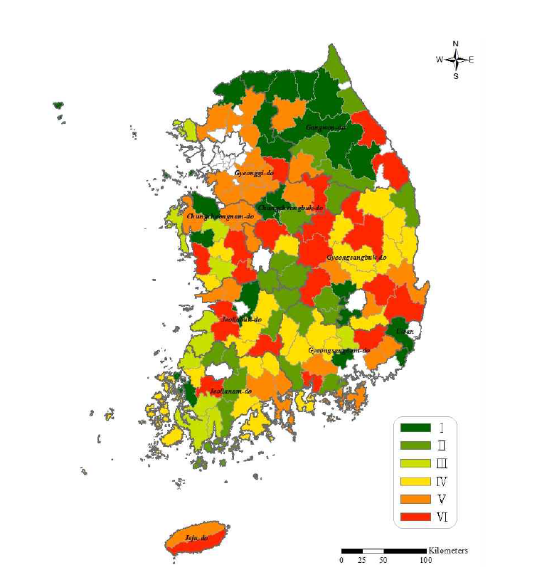 정주여건에 따른 시군별 유형화 결과의 공간적 분포