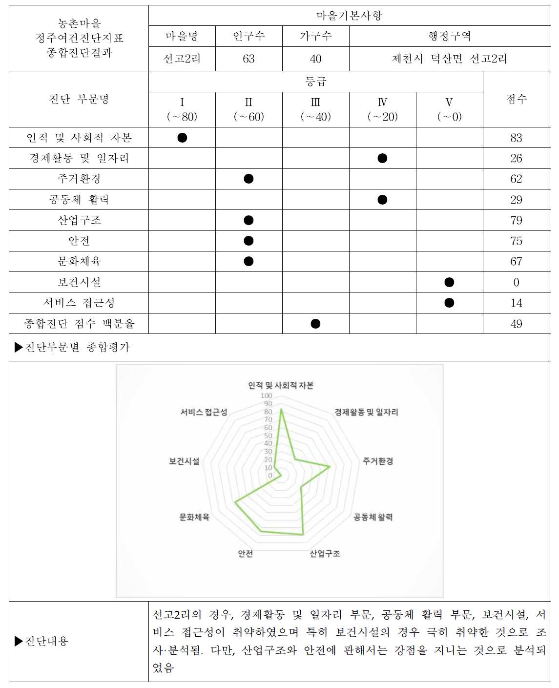 서비스 접근성 조사마을 (제천시 덕산면 선고2리) 대분류 평가결과