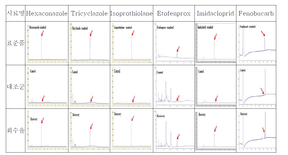 현미 중 시험농약의 크로마토그램