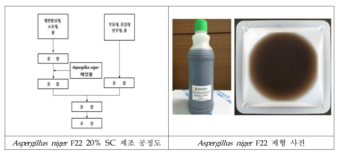 Aspergillus niger F22 20% SC 제조공정도 및 제형 사진(pilot/plant scale).