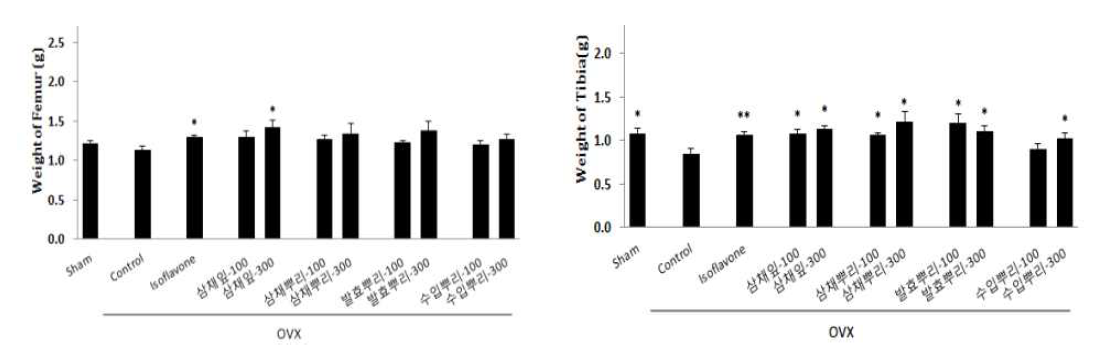 Effect of A. Hookeri extract on bone wieght in ovariectomized mice significance: *p<0.05, **p<0.01 vs. OVX control values