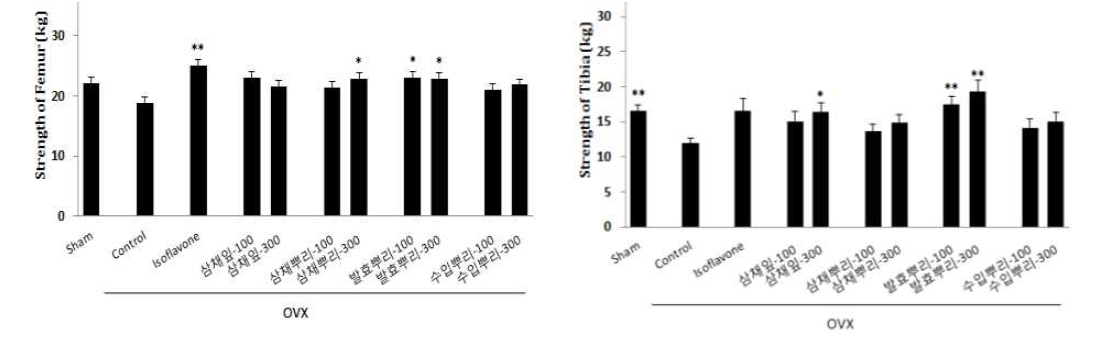 Effect of A. Hookeri extract on bone strength in ovariectomized mice significance: *p<0.05, **p<0.01 vs. OVX control values