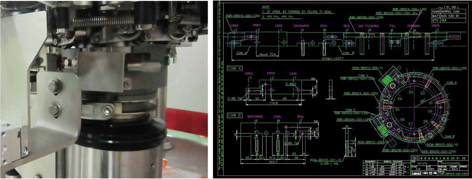 배럴캠 장치의 모습(좌)과 개발된 도면(우)