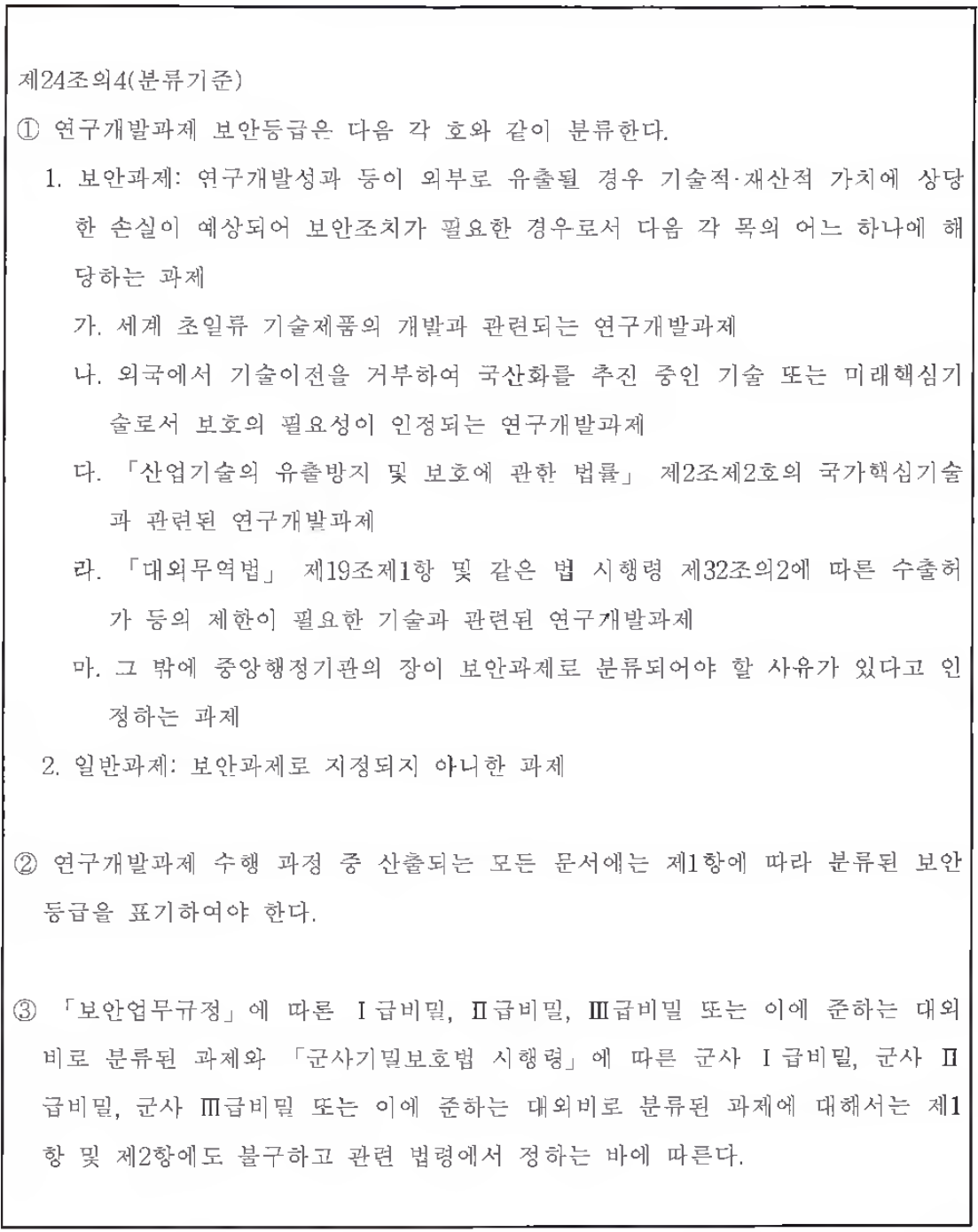 「국가연구개발사업의 관리 등에 관한 규정」 제 24조의 4(분류 기준)