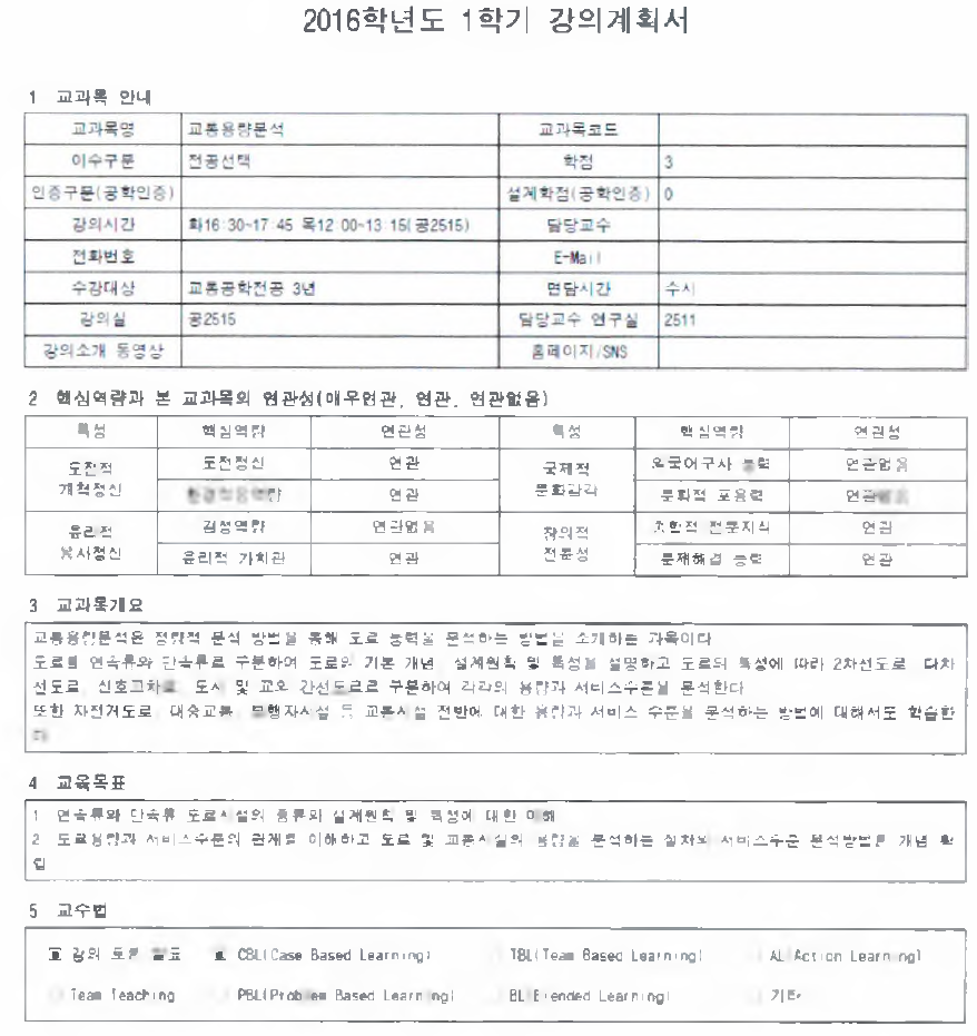 교통용량분석 강의 계획서 예시