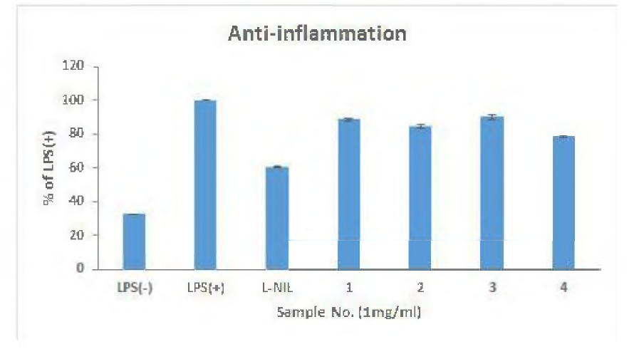 유산균 생산물질 처리별 macrophage 활성 억제 효과(Anti-inflamination) 즉정결과