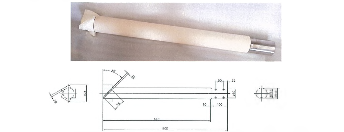 세라믹 교반기 봉의 설계도와 제작된 교반기 봉 사진