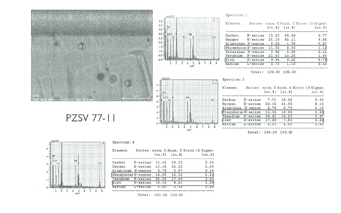 PZSV 77-4 와 PZSV 77-11 의 전해질 반응성 test 후 SEM관찰 및 EDS 측정 결과
