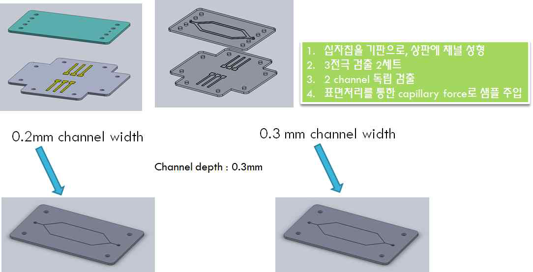 미세유체 형상과 전극으로 구성된 유전자 분석칩 구성도