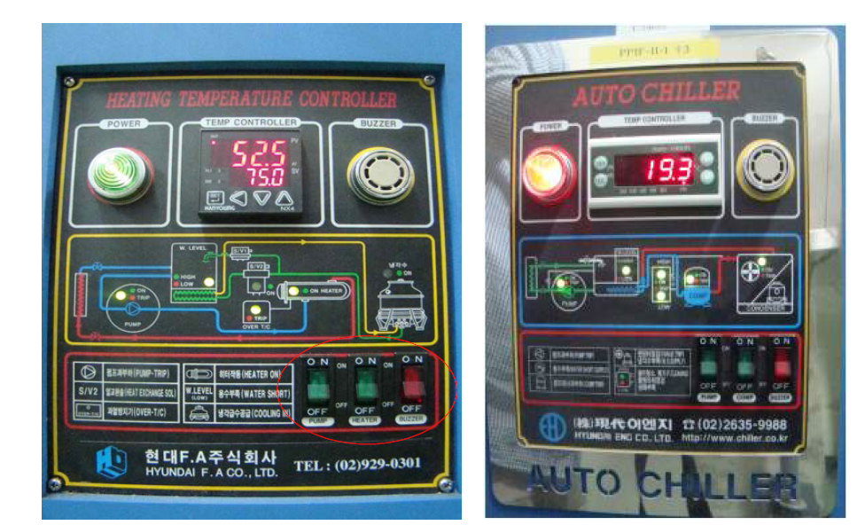 금형온도조절기(좌)와 냉각기(우) 설정 판넬 사진