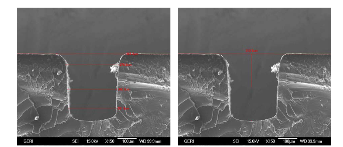 0.3 mm 채널을 갖는 칩의 SEM 단면사진. width(좌), height(우)