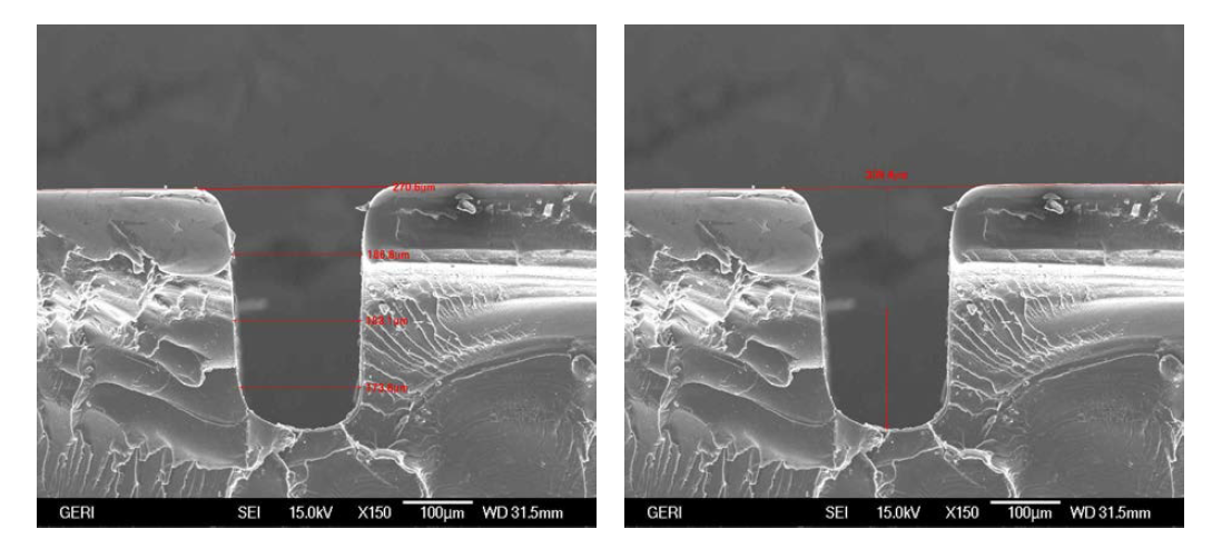 0.2 mm 채널을 갖는 칩의 SEM 단면사진. width(좌), height(우)