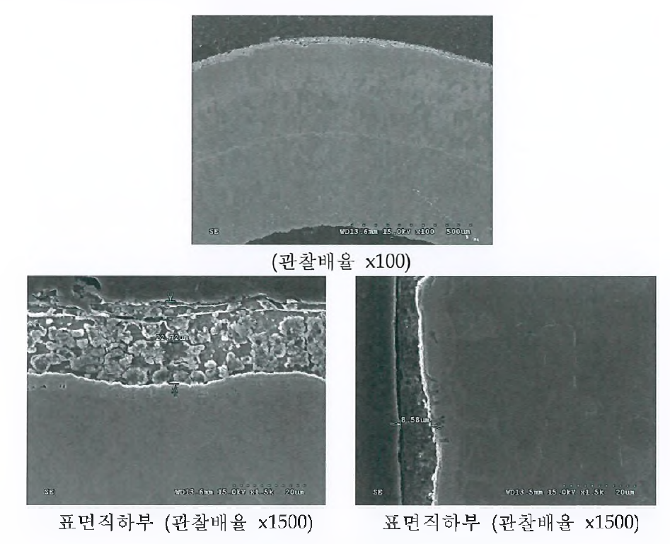 필링처리 후 도금두께 측정결과