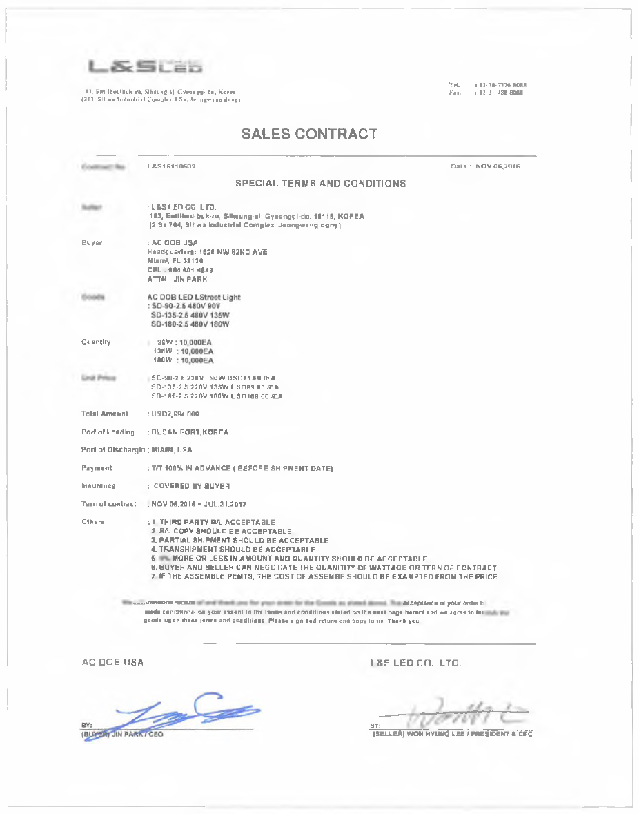 AC DOB US A 와 L&S LED 간의 수출 계약서 (269.4만 불 》- 시장개척단 성과