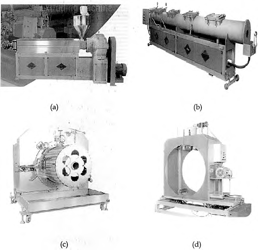 (a) 압출기 (b) 냉각수조 (c) 와인더(인취기) (d) 절단기