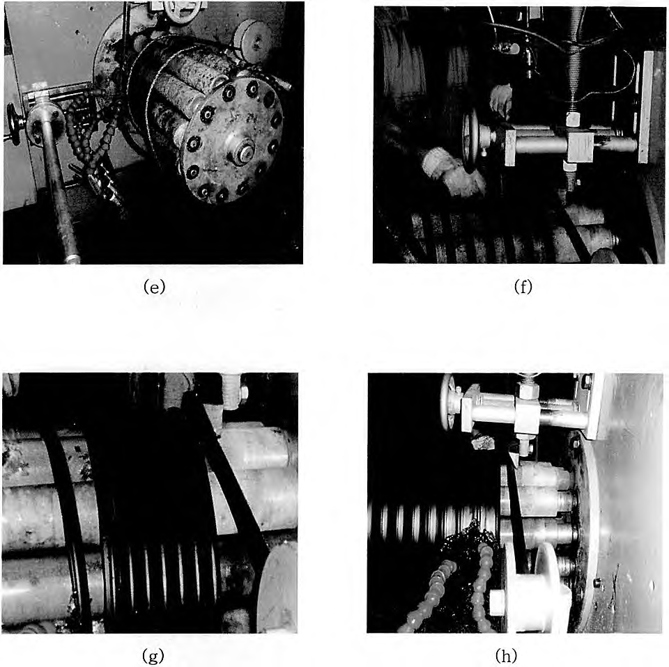 (e) (f) 원통형의 PIPE로 성형 고착시키기 위해 와인더에 감는 과정 (g) 원통형의 PIPE형태로 초기 와인딩 되고있는 모습 (h) 와인딩되고 있는 PIPE를 냉각수로 냉각시키는 과정