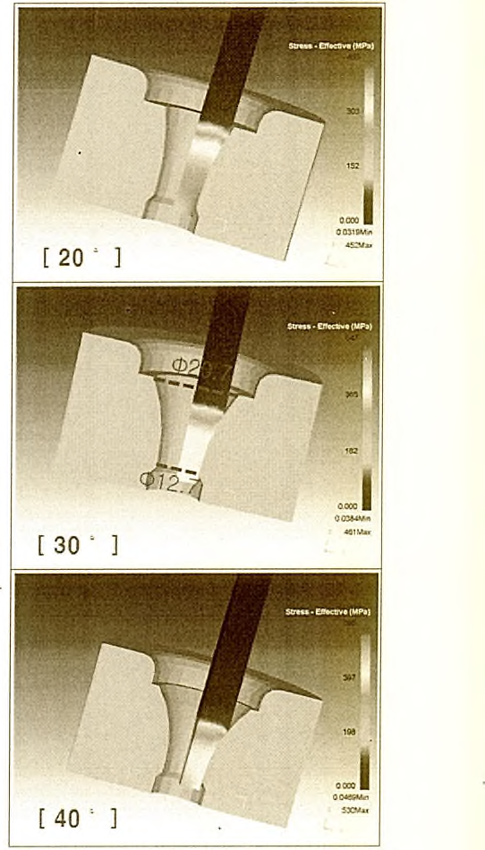 베어링부를 立정시키고, 입구부의 각도를 변화시킬 때, 인발 시 소재에 발생하는 응력 분포 해석