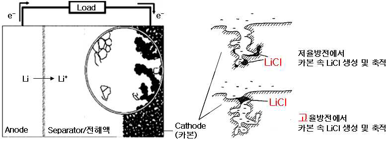 방전전류별 캐소드 기공에서 LiCl의 침적 상태