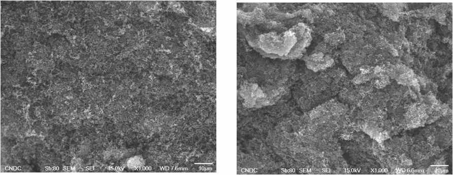 나프탈렌 처리 그래뉼 탄소재료(좌)와 미처리 그래뉼 탄소재료(우)