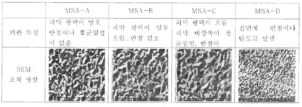 MSA 제조사 변경에 따른 도금 형상 경향