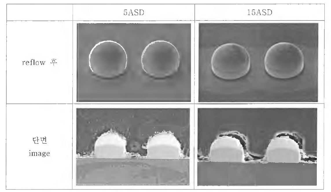 전류밀도별 Reflow 후 범프 단면 형상