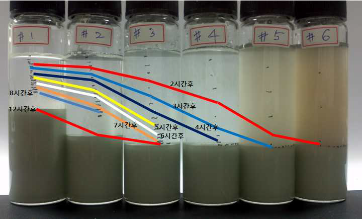 디에틸렌글리콜 슬러리에 대한 침전 시험 (수분첨가 단계별)