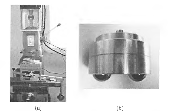 (a) Pin-on-Disk test rig and (b) Silicon-nitride (Si3N4) balls with holder.