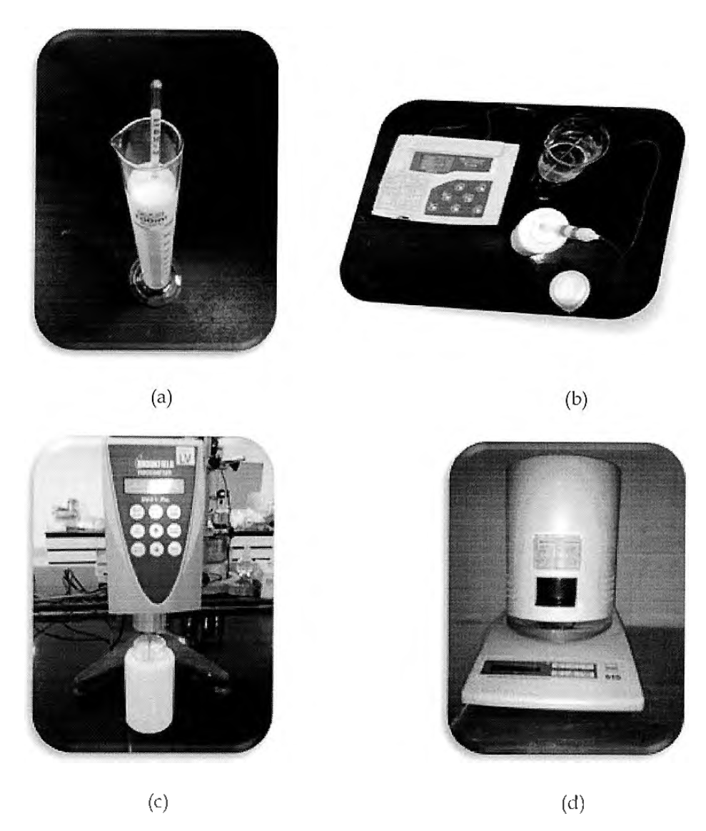 폴리올레핀계 수지 수분산체의 특성실험 분석장비 (a) 액상비 중계 (b) pH meter (c) Brookfield Rheometer (d) 고형분 함량분석 기