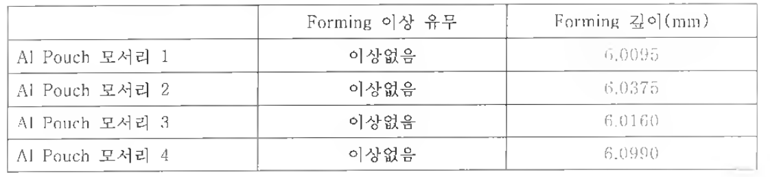 F이Tning기에 의해 제조된 Al Pouch 시편의 시힘결과